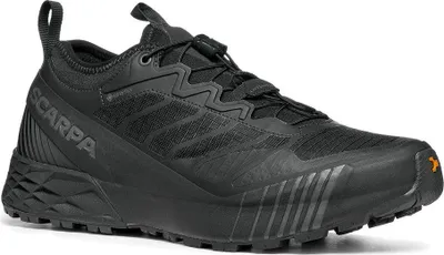 Schwarze Trailrunning-Schuhe "Ribelle Run GTX" von Scarpa mit rutschfester Sohle und atmungsaktivem Obermaterial.