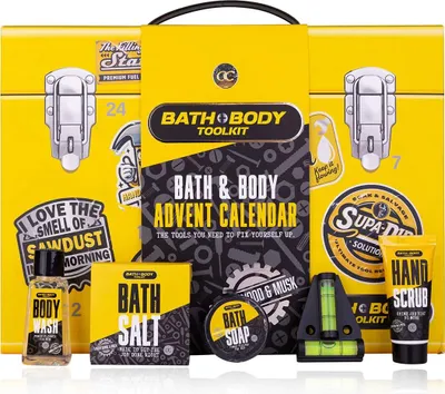 A yellow toolbox-shaped advent calendar with various bath and body products displayed in front of it.