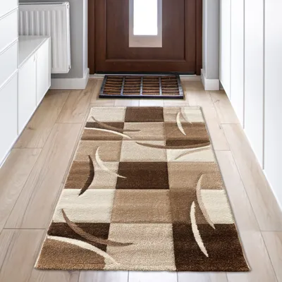Image de Tapis design, tapis moderne, tapis de salon, tapis à poils courts, tapis à découpe, motif à carreaux, marron, beige, moka, dimensions : 80 x 150 cm