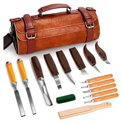 Produktbild von Holzschnitzset, 17-teiliges Holzschnitzwerkzeug mit Ledertasche, bestehend aus 2 Meißeln, 6 Schnitzmessern und 5 Detailmessern für Anfänger und Enthusiasten