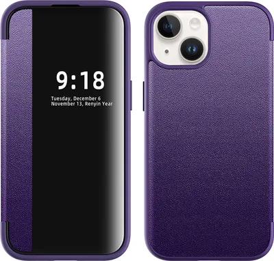 Produktbild von iPhone 15 Hülle, Schlank Kunstleder Klapp Ledertasche Schutzhülle für iPhone 15 Lila