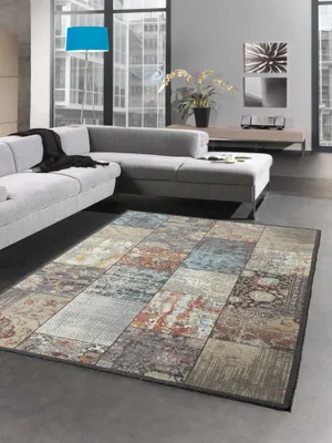 Produktbild von Eleganter Teppich mit Quadraten modern orientalisch gemustert bunt braun grau orange Größe - 80x150 cm