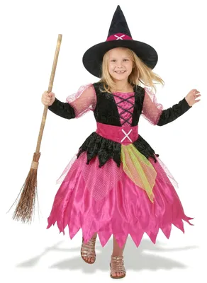 Produktbild von Mädchen-Hexenkostüm schwarz-pink-gelb L 10-12 Jahre (130-140 cm)