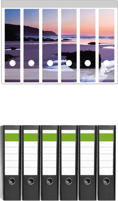 Produktbild von Wallario 6 Stück breite Ordner inkl. Klebeetiketten mit Motive Sonnenuntergang am einsamen Strand -  Set mit Rückenschildern / Ordnerrücken Stickern