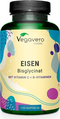 Produktbild von Vegavero Eisen Bisglycinat | 120 Kapseln | mit natürlichem Vitamin C und B-Vitaminen | vegan