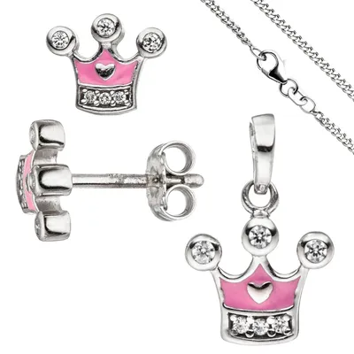 Produktbild von JOBO Kinder Mädchen Schmuck-Set Krone pink rosa 925 Silber Zirkonia mit Kette 38 cm