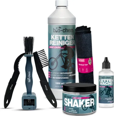 Produktbild von bio-chem Kettenwachs-System SET 7-teilig | Kettenreiniger 1 L, Kettenwachs 100 ml, Reinigungs-Shaker, Bürsten & Mikrofasertuch | Für Rennrad, MTB & E-Bike