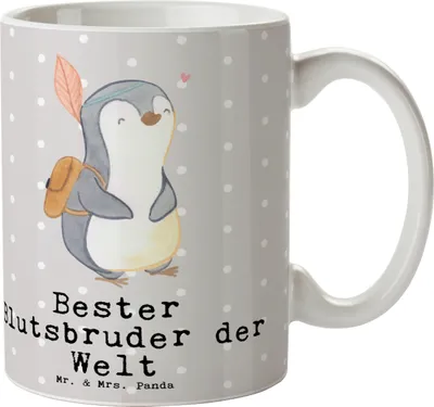 Produktbild von Mr. & Mrs. Panda Becher Pinguin Bester Blutsbruder der Welt - Grau Pastell - Geschenk, Familie, kaffeetasse bedruckt, Geschenkidee, Sido, Brüder, Teetasse, Tasse