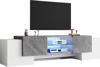 Image de Meuble TV avec éclairage LED - Meuble TV 4 portes, étagères en verre - Blanc et gris