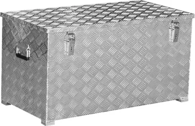 A silver aluminum transport box with a diamond plate pattern.