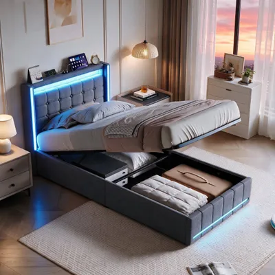 Immagine prodotto di Letto imbottito INONEFT 90x200 con spazio contenitore, letto per ragazzi con LED e porte USB/Tipo C, letto con sistema di sollevamento idraulico, letto singolo con rete a doghe, tessuto in lino, colore grigio