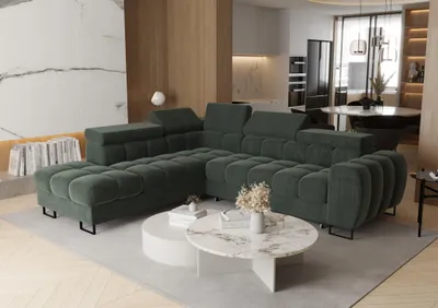 Productafbeelding van Eckbank met slaapfunctie, model BASTIEN MAX, bekleed met stof in terra-groen, met een losse ottomaan aan de linkerkant