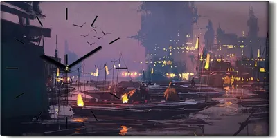 Produktbild von Wohnzimmer-Bild Leinwand Uhr 60x30 Boote im Hafen futuristischen Stadt - schwarze Hände