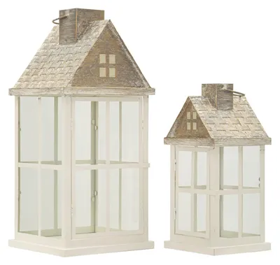 Image de Lot de 2 lanternes Home 24,5 x 55 x 24,5 cm Bois Verre Beige
