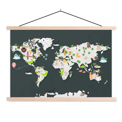 Obrázek produktu pro MuchoWow® Textilní plakát - Mapa světa - Děti - Zvířata - 60x40cm - S hnědými lamelami