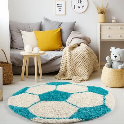 Teppich Kinder Hochflor Fußball Motiv Polypropylen Kinderzimmer_Türkis_Rund_#sku_BARKFUN1001006001TURKIS-BARKFUN1201206001TURKIS#