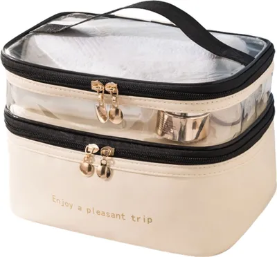Produktbild von Kosmetik-Aufbewahrungstasche, große Kapazität, doppellagig, wasserdicht, mit Reißverschluss, Make-up-Organizer-Tasche mit Griff für Damen