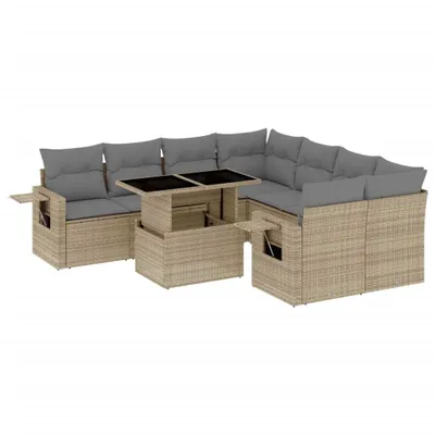 Produktbild von 9-tlg. Garten-Sofagarnitur mit Kissen Beige Poly Rattan