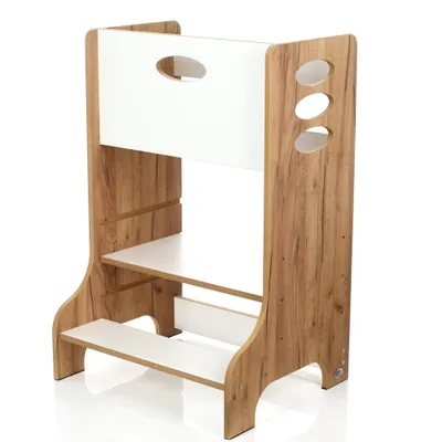 Produktbild von Kids Helper Doppel Lernturm Eiche Weiß Montessori Küchenhelfer Geschwister Kindermöbel MDF