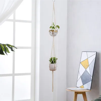 Produktbild von 5er Set Makramee Blumenampel, Boho Deko Baumwollseil Hängeampel Blumentopf Pflanzen Halter Aufhänger für Innen Außen Decken Balkone Wanddekoration