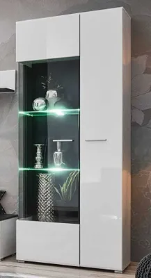 A modern white display cabinet with glass doors and LED lighting.