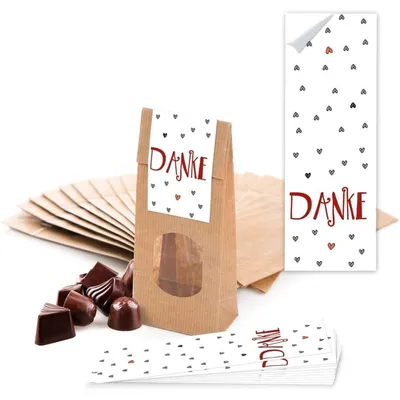 Produktbild von 50 braune Papier-Tüten-Beutel + Boden + Fenster und Pergamin-Einlage (7 x 4 x 20,5 cm) und 50 lange Aufkleber 5 x 14,8 cm SCHÖN DASS DU DA BIST Tafel-Optik schwarz weiß"Danke" rot, weiß / 25 Stück