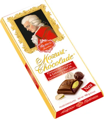 A product shot of a chocolate box with an image of Mozart on it.