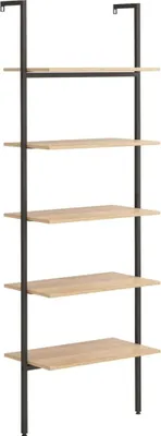 A tall, narrow ladder shelf unit with five wooden shelves against a white background.