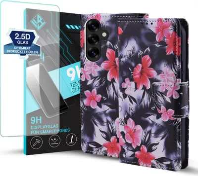 Produktbild von Handy Hülle für Samsung Galaxy S25 mit 9H Displayglas Klapphülle Bookcase Flip Cover Handy Tasche Etui Motiv: Blumen Hibiskus Blüten