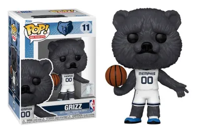 A Funko Pop! figure of the Memphis Grizzlies mascot, Grizz, is shown in its packaging and also displayed outside the box.