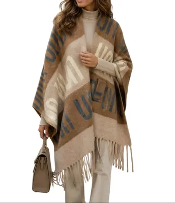Produktbild von BZNA Strickponcho in Beige - Wolltuch mit Fransen - Poncho  ITALY