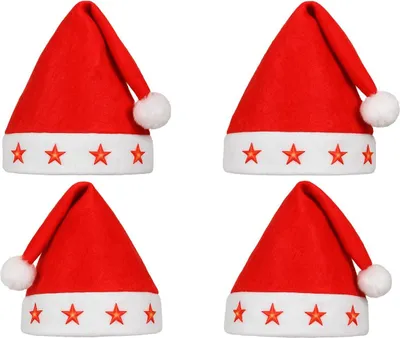 Produktbild von Blink LED Weihnachtsmütze Rot mit leuchtenden Sternen – Lustige Nikolausmütze mit Licht für Damen & Herren – Weihnachtsmütze mit Blinkfunktion, Bommel & Weihnachtsmotiv für Party, Kostüm & Weihnachtsfeier Menge wählen: 4 Stück
