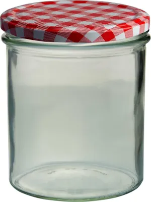 A clear studio shot of an empty glass jar with a red and white checkered lid.