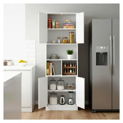 Produktbild von Küchenschrank, 180 cm Hochschrank mit 4 Türen und 3 Fächern, verstellbare Einlegeböden, Mehrzweckschrank für Badezimmer, Wohnzimmer, Küche und Esszimmer, Badschrank, Küchenbuffet, Weiß