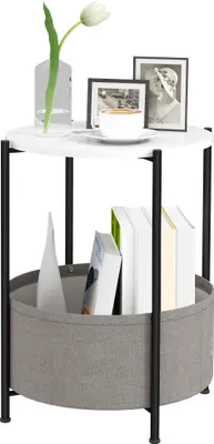 Image de HOMCOM Table d'appoint, table basse avec panier en tissu, table basse ronde avec espace de rangement, pour salon, chambre à coucher, 44 x 44 x 56 cm, acier, gris+blanc