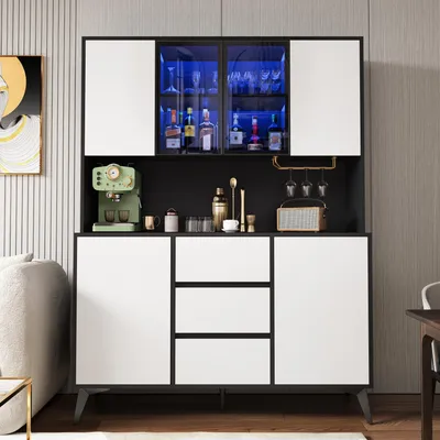 Image de Armoire haute Flieks avec porte en verre, 3 tiroirs, porte-verres dorés, éclairage LED réglable via application, buffet, buffet de cuisine, noir et blanc