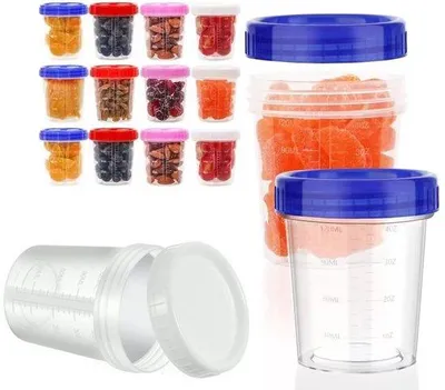 Productafbeelding van Set van 12 plastic frituurcontainers met deksel, kleine plastic portieverpakkingen, 120 ml kleine containers met deksel, mini-opslagboxen met afmetingen, geschikt voor sauzen, kruiden en gebruik in de magnetron