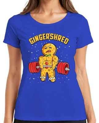 Obrázek produktu pro Tričko pro dámy, modré, velikost M, s motivem "Gingershred Bodybuilder Lebkuchenfigur Fitness Weihnachtstraining"