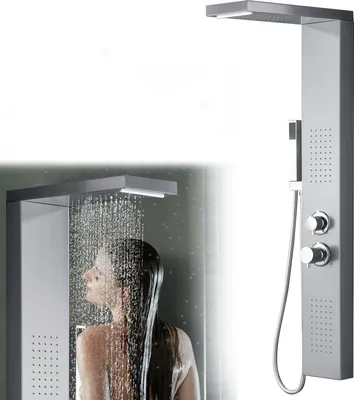 Zdjęcie produktu dla JOIEYOU panel prysznicowy ze stali nierdzewnej 4 w 1 wielofunkcyjny system prysznicowy z deszczownicą, słuchawką prysznicową i dyszami masującymi system prysznicowy do wanny z kranem kolumna prysznicowa do prysznica i wanny, srebrna