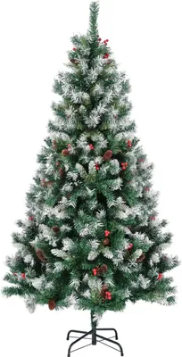 Produktbild von EDWINENE Künstlicher Weihnachtsbaum 6ft Schneebeflockt Tannenzapfen Rot Beeren