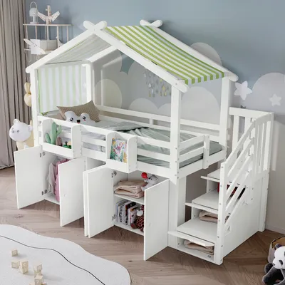 A children's house-shaped bunk bed with storage compartments and stairs, set in a bedroom with cloud-themed wallpaper.
