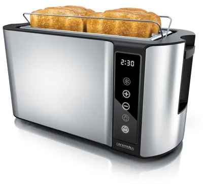Zdjęcie produktu dla Toster Arendo na 4 kromki, długa szczelina 1500 W, stojak na bułki, izolacja cieplna, wyświetlacz, dotykowy, srebrny