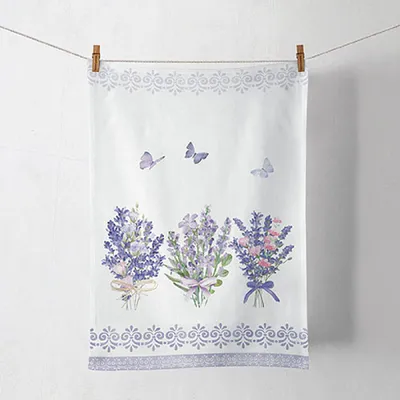 Zdjęcie produktu dla Ściereczka kuchenna bawełniana 50 x 70 cm z motywem lawendy w stylu vintage, biała/fioletowa