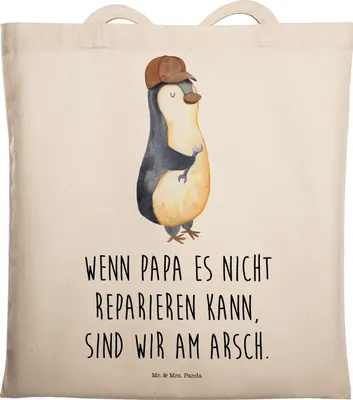 Produktbild von Mr. & Mrs. Panda Tote Bag Wenn Papa es nicht reparieren kann, sind wir am Arsch - Transparent - Geschenk, Muttertag, Pinguin, Handwerker, Laptoptasche, Tasche, Vatertag