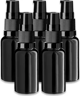 Produktbild von 5x Schwarze Glasflasche 20 ml mit schwarzer Pumpe Dispenserpumpe DIN18