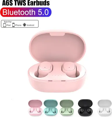 A product image showcasing A6S TWS earbuds in various colors, with a pink charging case prominently displayed.
