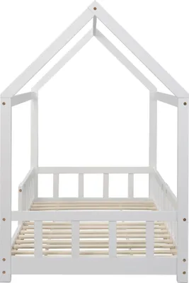 Produktbild von Flieks Hausbett Kinderbett 90*200cm, Kiefernholzbett mit Rausfallschutz und Tafel, Bodenbett Einzelbett mit Lattenrost, Weiß
