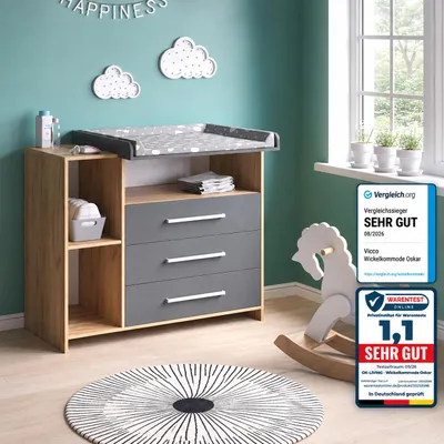 Produktbild von Wickelkommode Vicco Oskar Anthrazit/Goldkraft Eiche 113 x 93 cm mit 3 Schubladen, Model 55592, KI-generiertes Bild