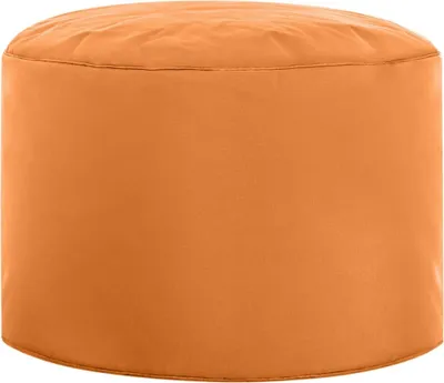 A close-up, front-facing studio shot of an orange pouf.