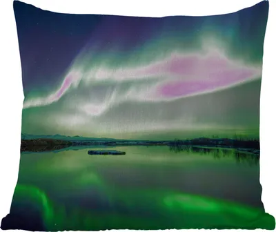 Produktbild von MuchoWow® Outdoor Kissen - Nordlicht - See - Island - Grün - Wald - Schnee - 50x50 cm - Wetterfest - Lounge Kissen - Komfortabel - Kissen mit Bild